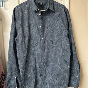 H&M Navy Blue Button-Down Shirt with White Leaf Print